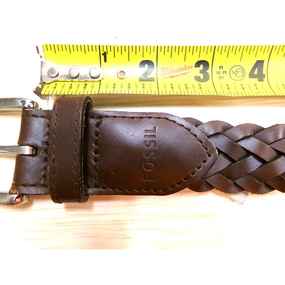 Fossil Men's Braided Leather Belt Brown Size 34 Silver Tone Buckle